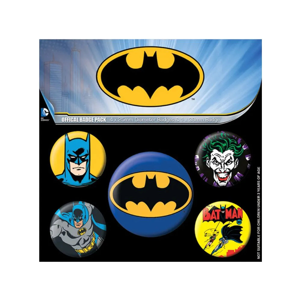 officially licensed Batman Badge Pack! Featuring 4 small and 1 medium badge,