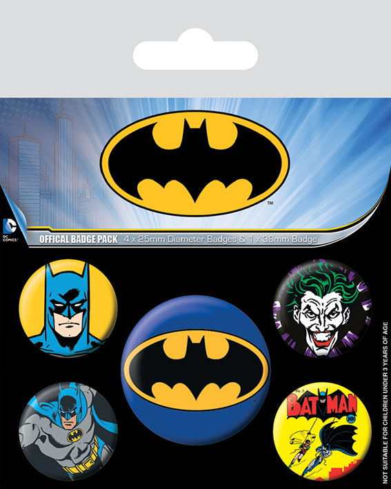officially licensed Batman Badge Pack! Featuring 4 small and 1 medium badge,